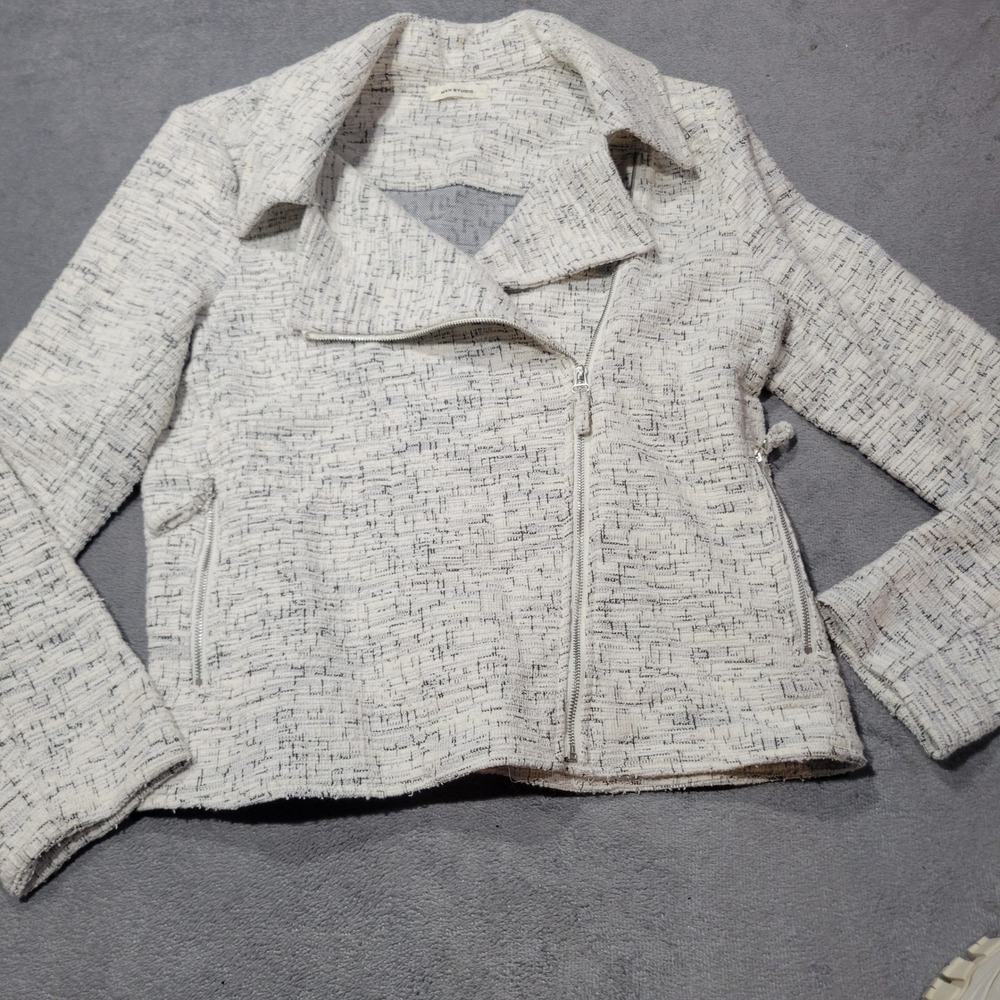 Max Studio Moto Jacket Women Small Cream Black A7010 Tweed Boucle Asymmetric Zip